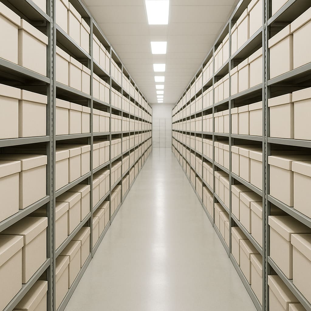 Ordentliche Archivlagerung mit neutralen Dokumentenboxen