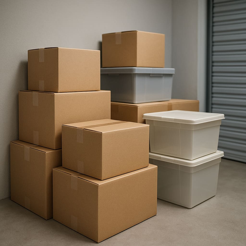 Saubere Lagereinheit mit Kartons und Haushaltsboxen